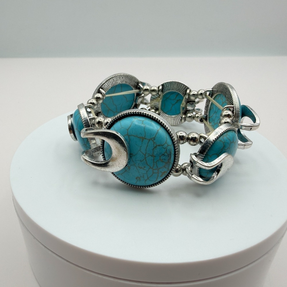 Vintage 90s Silver Tone Blue Faux Turquoise Statement Stretch Bracelet Boho